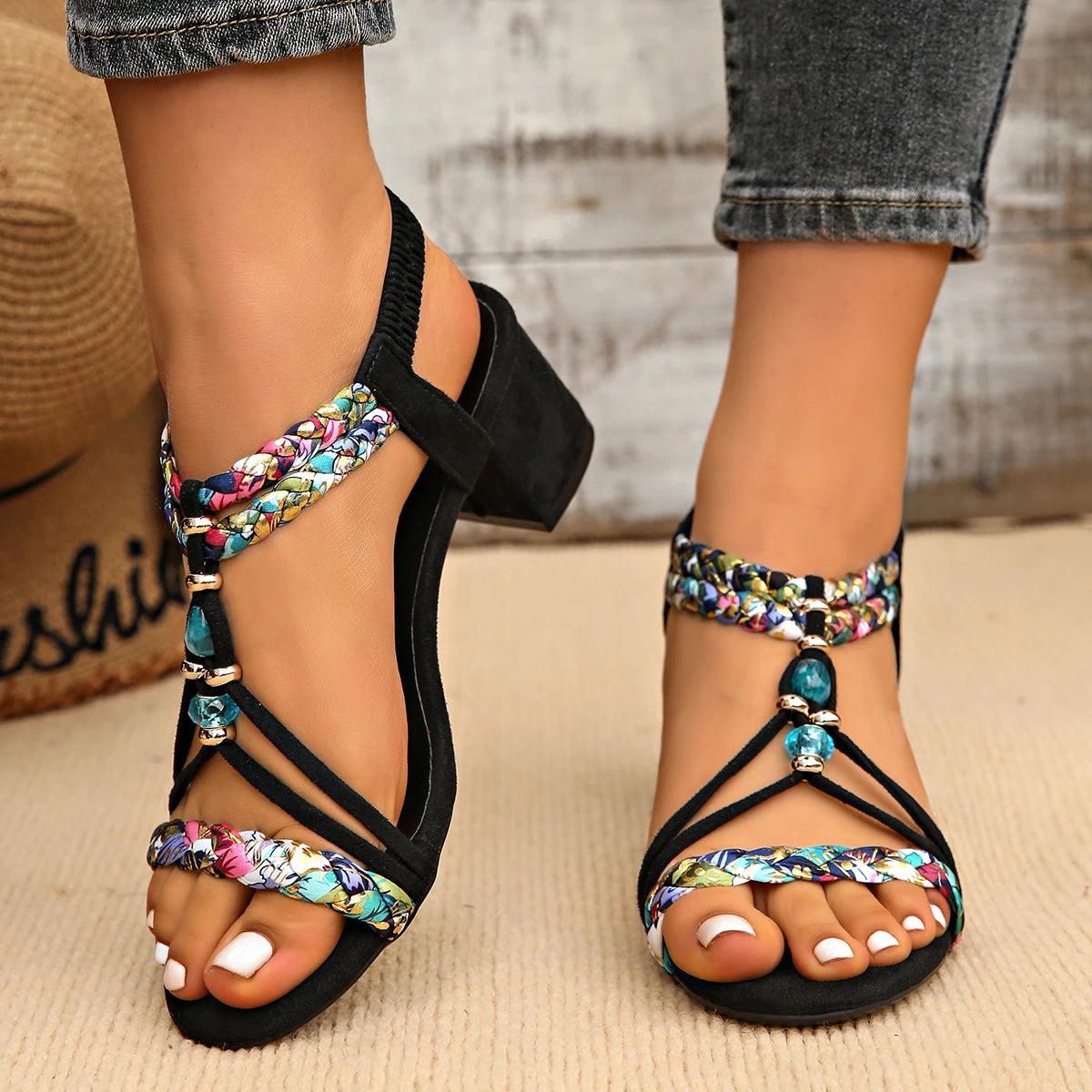Plus Size Bohemian Beaded Thick High Heels Elastic Strap Gladiator Sandals