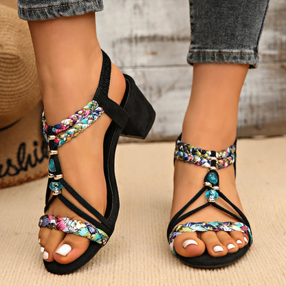 Plus Size Bohemian Beaded Thick High Heels Elastic Strap Gladiator Sandals
