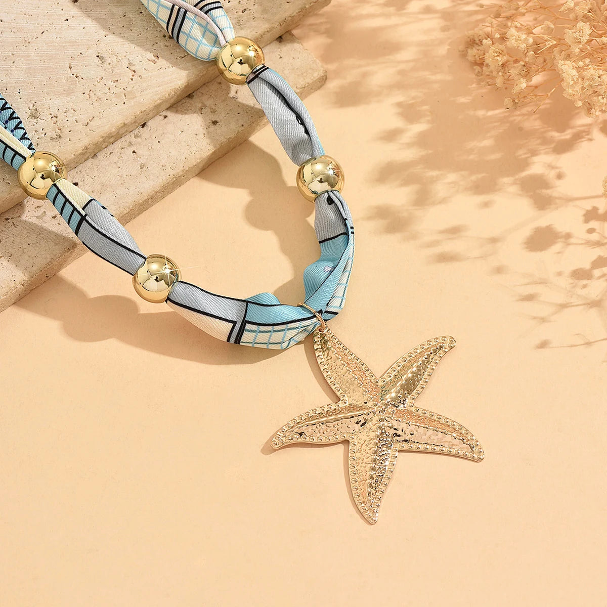 Boho Printed Fabric Choker Gold Starfish Shell Cowrie Necklace