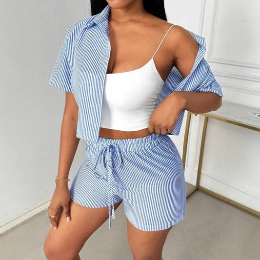 Striped Shirt Short Sleeve Shorts Set