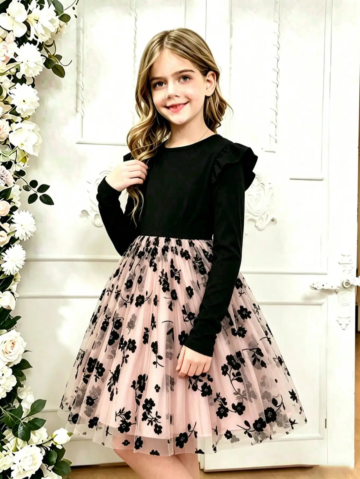 Casual round Neck Autumn Lotus Leaf Side Length Sleeve Mesh Flower Dress