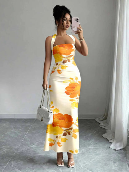 Hip-Hugging Sleeveless Long Collar Flowing Dress