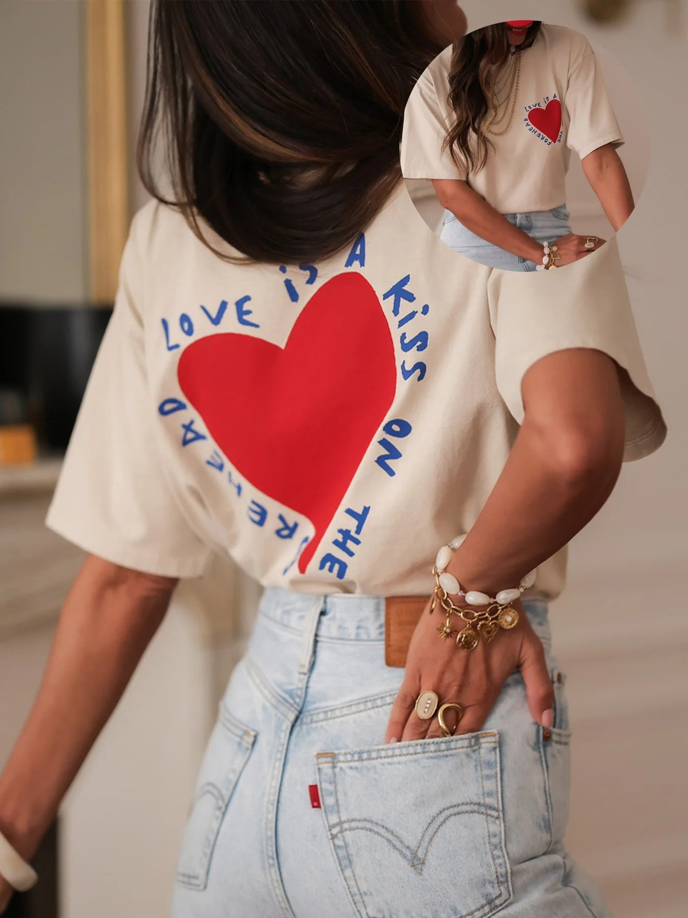 Short Sleeve Geometric Heart Print T-Shirt
