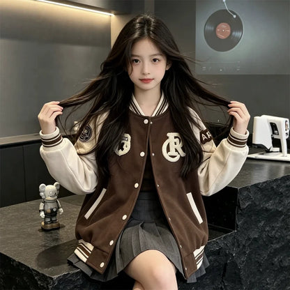 College Style Cardigan Color-Block Spring Autumn Baseball Jacket
