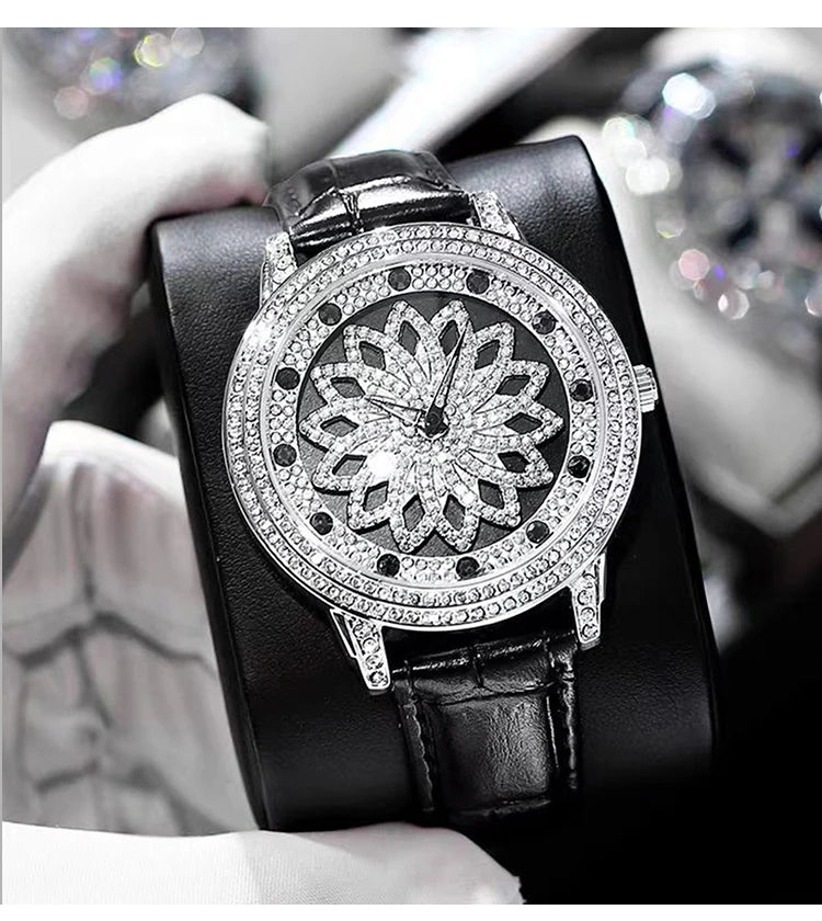 Reloj de cuero giratorio Lucky Star con diamantes completos