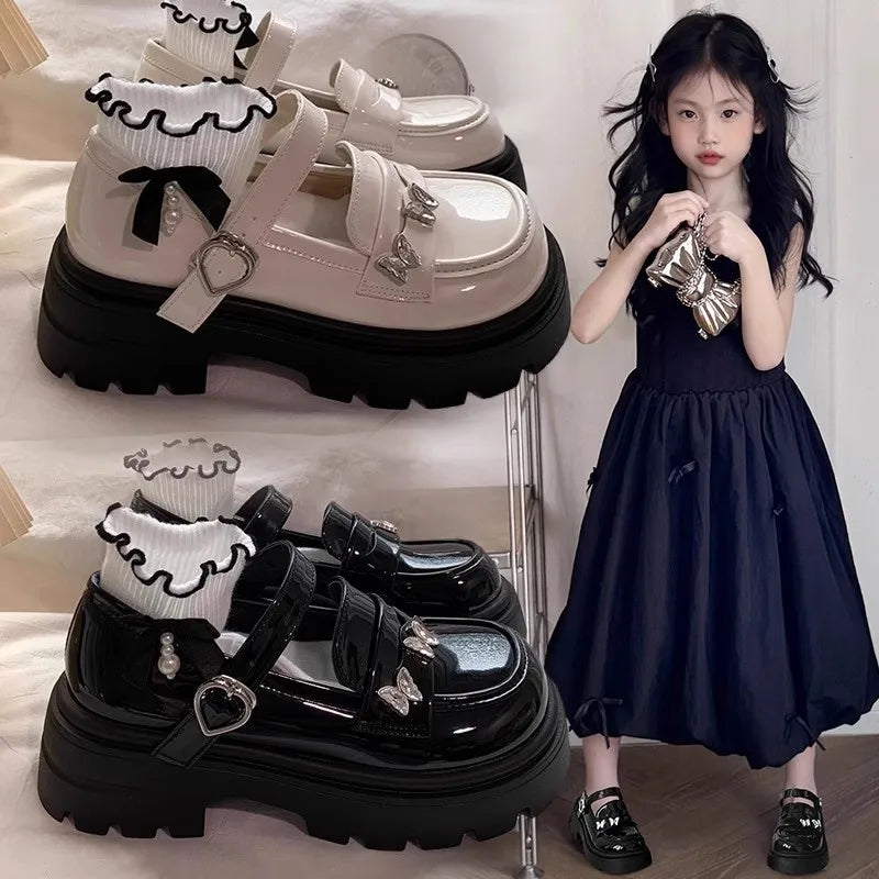 Leather Soft PU Bright Skin Flats with Metal Butterfly Princess Shoes