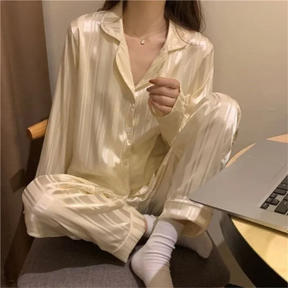 Plus Size Stripes Casual Sweet Loungewear Cardigan Sleepwear Pajama Sets