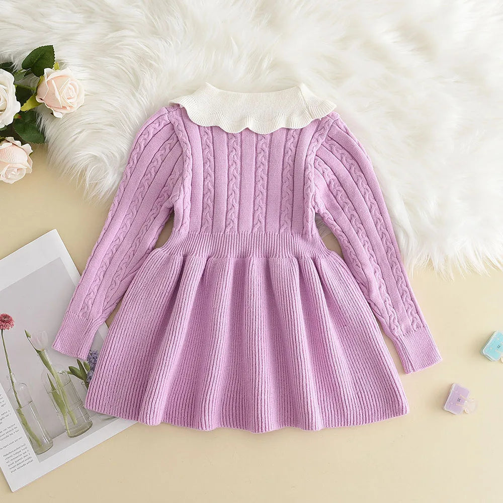 Winter Knitting Wool Long Sleeve Autumn Girls Ruffle Dress