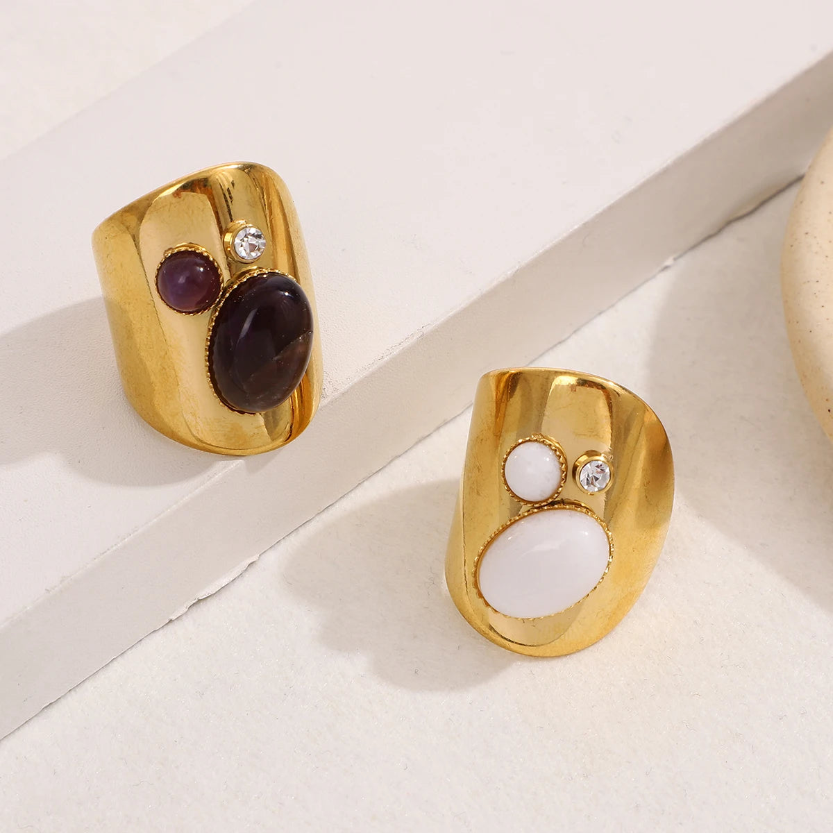 Retro Wide Stainless Steel Vintage Boho Natural Stones Zircon Rings
