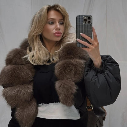 Luxury Thick Faux Fox Fur Collar Cropped Puffer Oversized Jacket