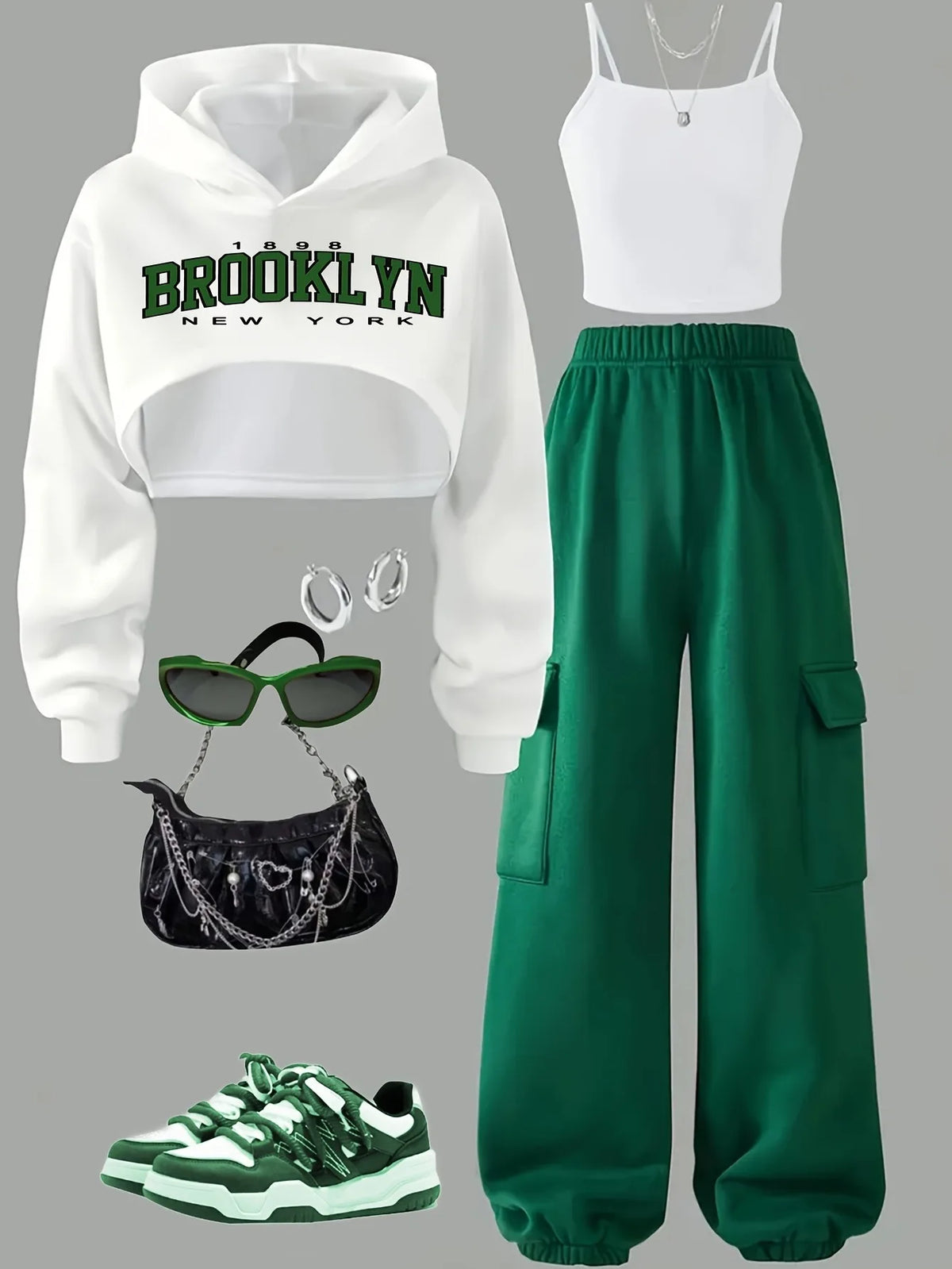 3-Piece "BROOKLYN" Print Cropped Hoodie Tank Top & Green Cargo Sweatpants Set