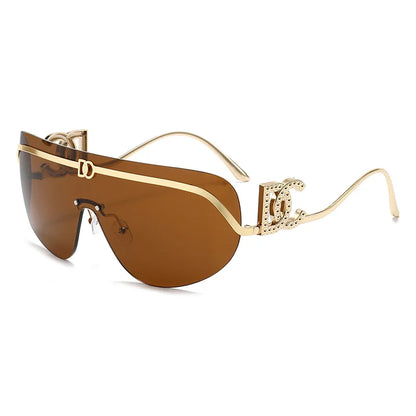 Rimless Shield Aviator Gold Metal Frame Sunglasses