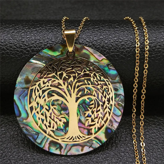 Tree of Life Stainless Steel Abalone Shell Natural Necklace