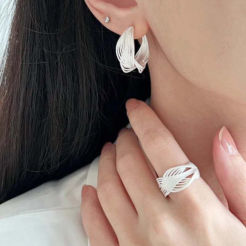 925 Sterling Silver Frosting Hoop Crossing Line Hollow Out Earrings