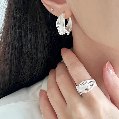 925 Sterling Silver Frosting Hoop Crossing Line Hollow Out Earrings