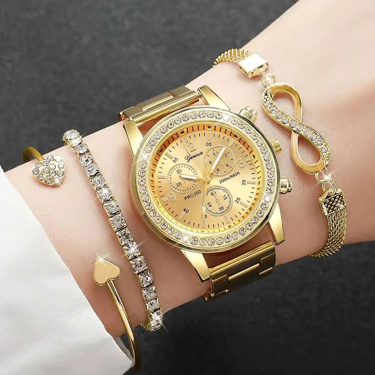 4PCS/Set Rhinestone Luxury Steel Band Quartz Bracelets Watches Set