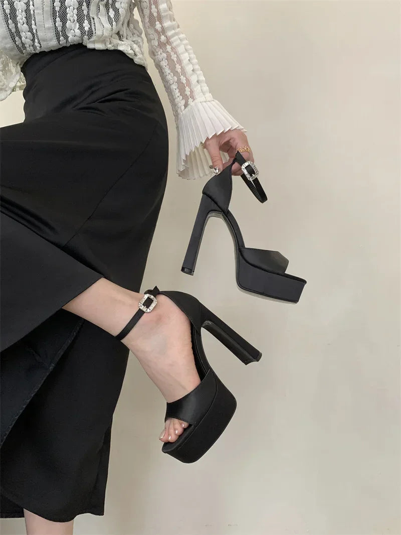 Black High Heels Silk Square Toe Shoes