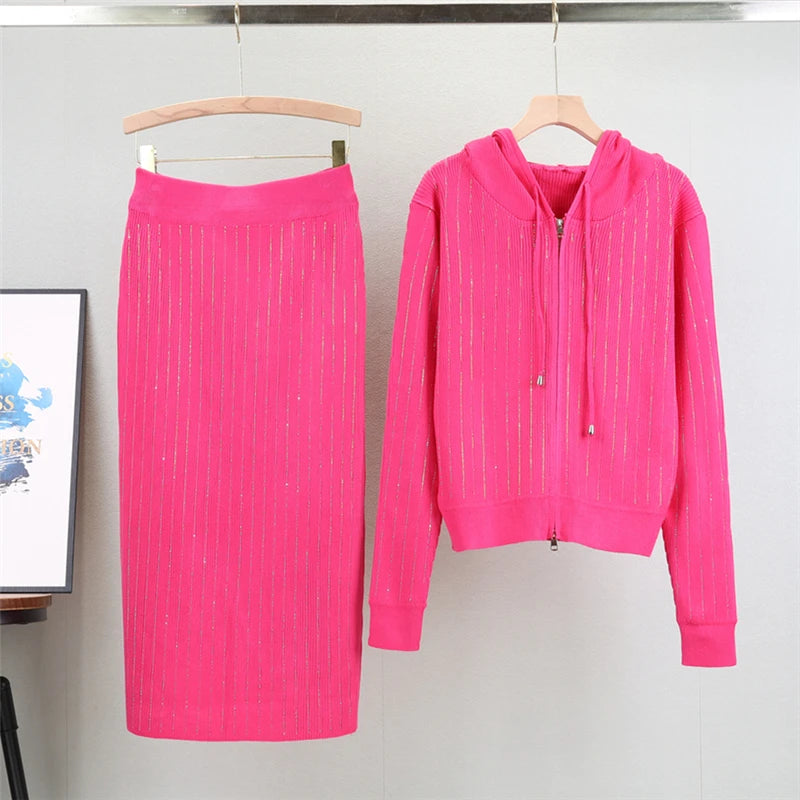 Knitted Cardigan High Waisted Buttocks Wrapped  Skirt Diamond Sets