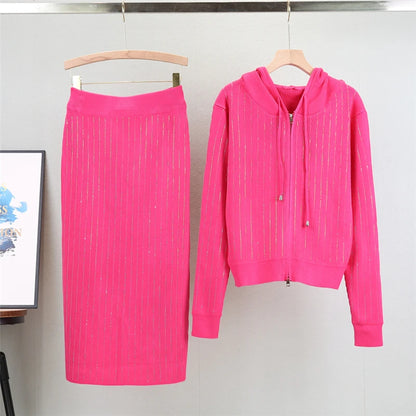 Knitted Cardigan High Waisted Buttocks Wrapped  Skirt Diamond Sets