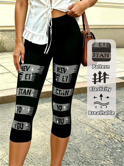 High Stretch Black Capri Pants With Rhinestone Embellishment