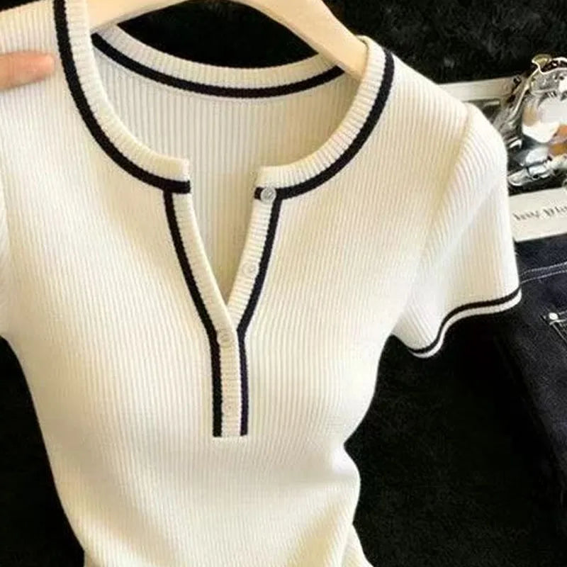 O-Neck Knitted Short Sleeve Knit Sweater Pullover