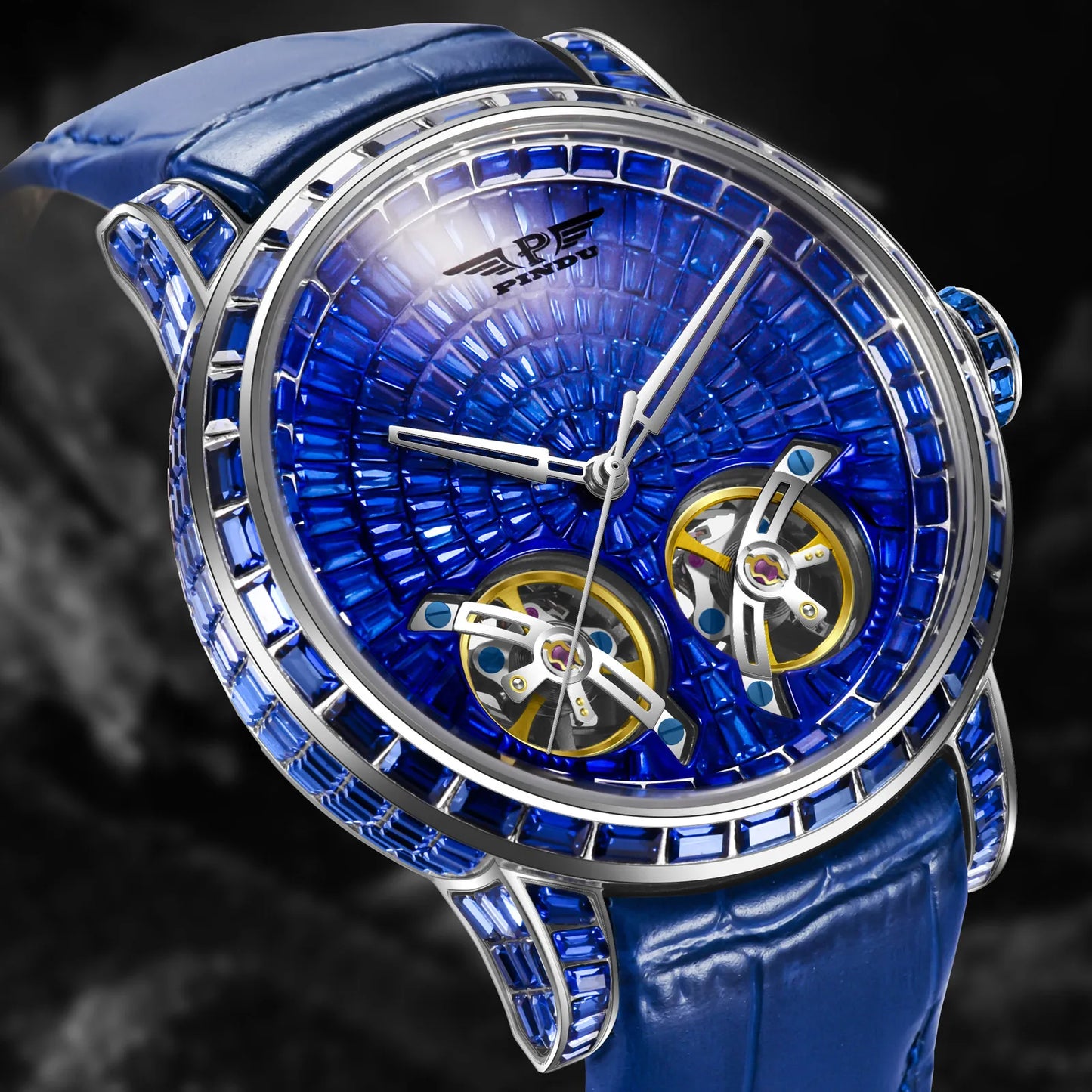 Diamond Mechanical Top Luxury Double Flying Wheel Waterproof Watch Leather