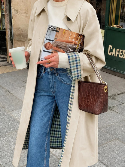 Plaid Lining Solid Trench Coat Single Breasted Long Sleeve Jacket