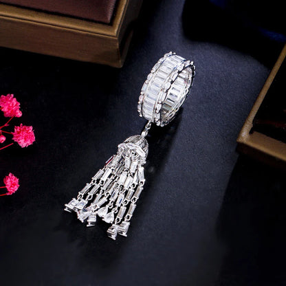 ThreeGraces Cubic Zirconia Long Tassel Charms Elegant Rings