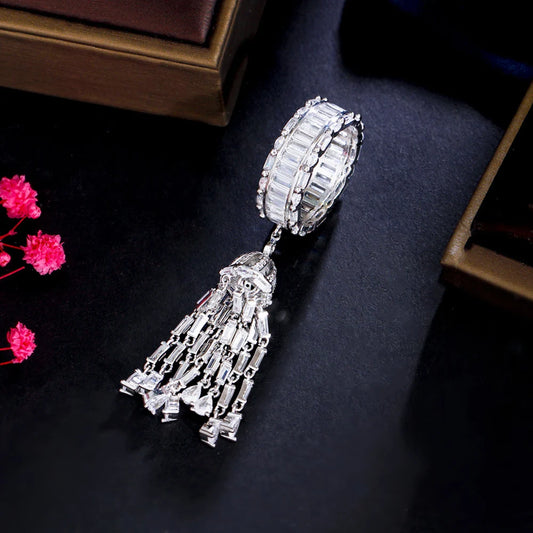 ThreeGraces Cubic Zirconia Long Tassel Charms Elegant Rings