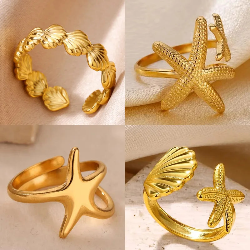 Stainless Steel Starfish Open Rings Gold Geometric Adjustable Ring
