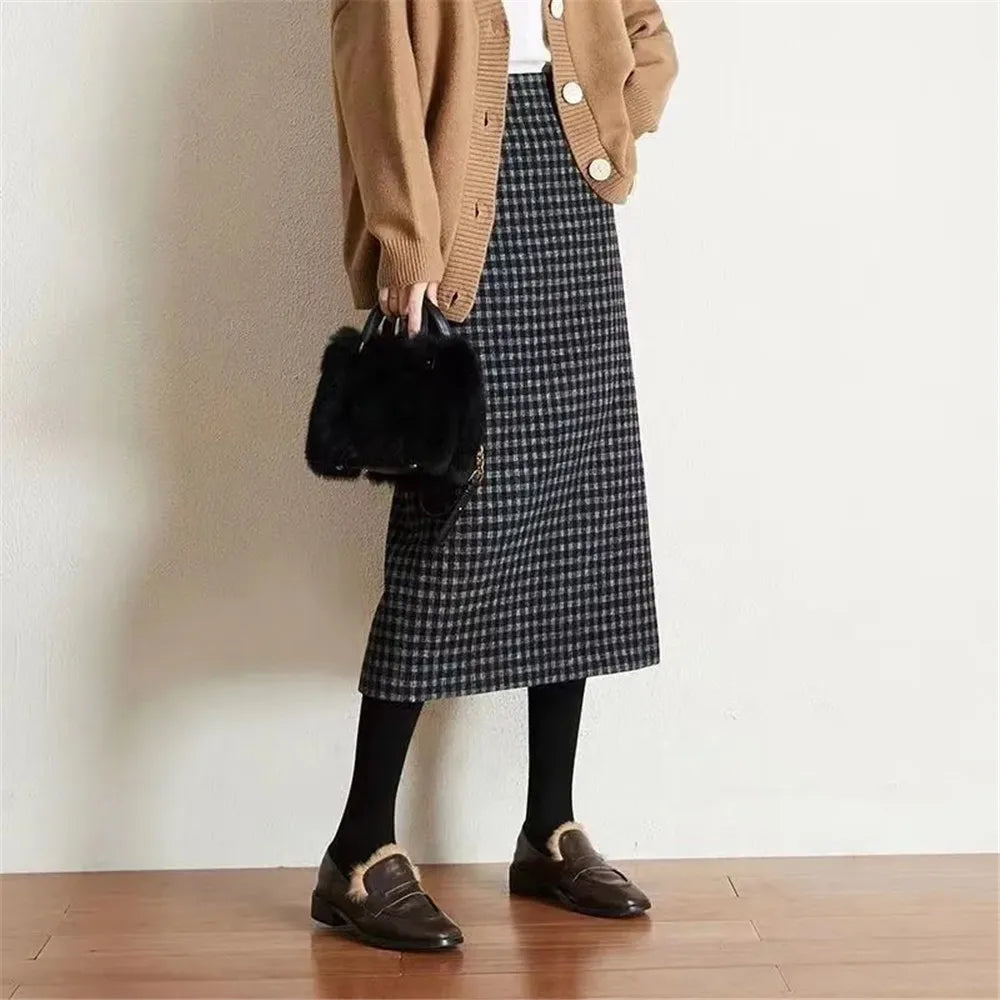 Y2k Slim Classic Plaid Midi Skirts Autumn Vintage Elegant Skirts