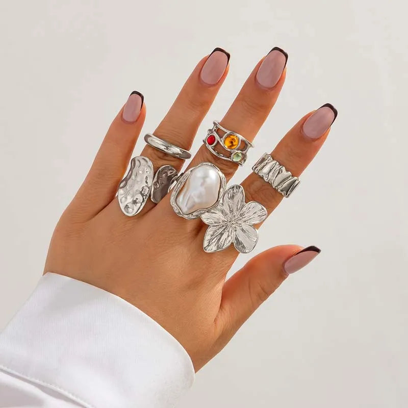 6Pcs/Set Gold Color Imitation Pearl Open Ring