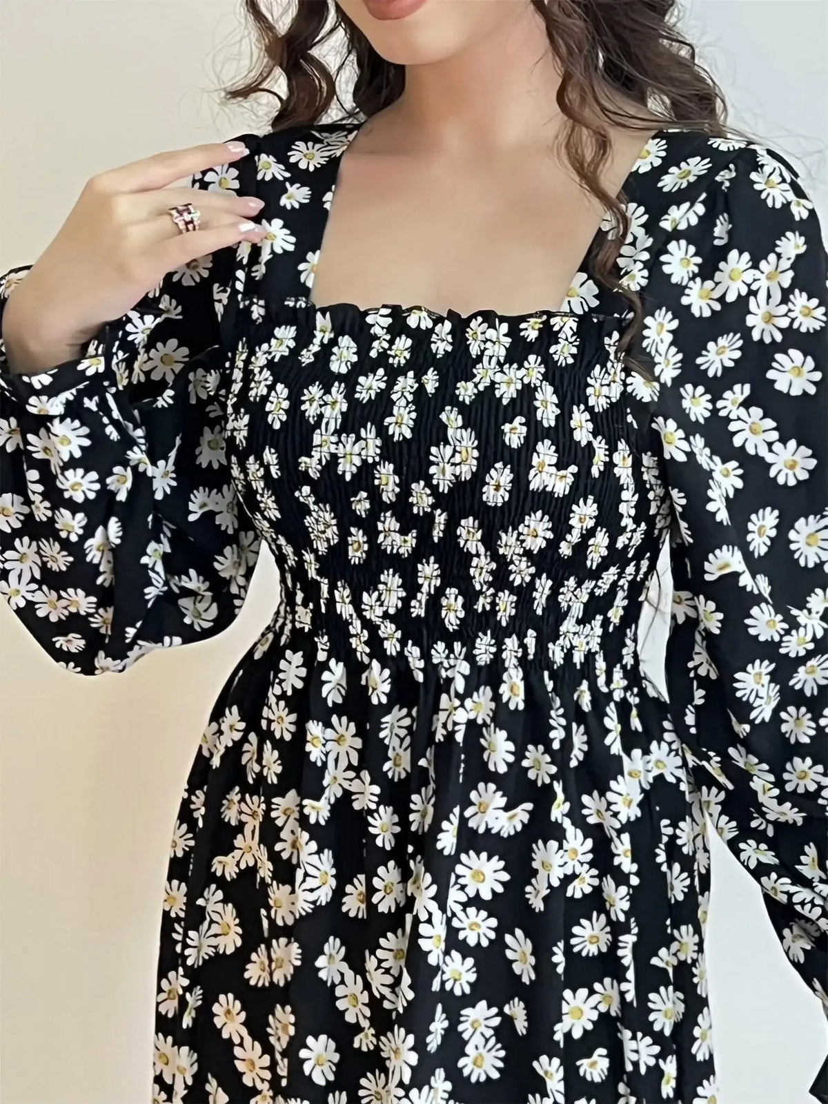 Long Sleeve Casual Chiffon Floral Elastic Chest Lace Up Midi Dress