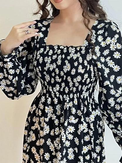 Long Sleeve Casual Chiffon Floral Elastic Chest Lace Up Midi Dress