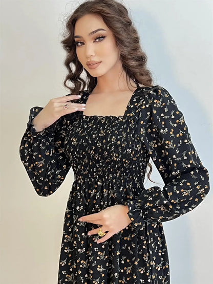 Long Sleeve Casual Chiffon Floral Elastic Chest Lace Up Midi Dress