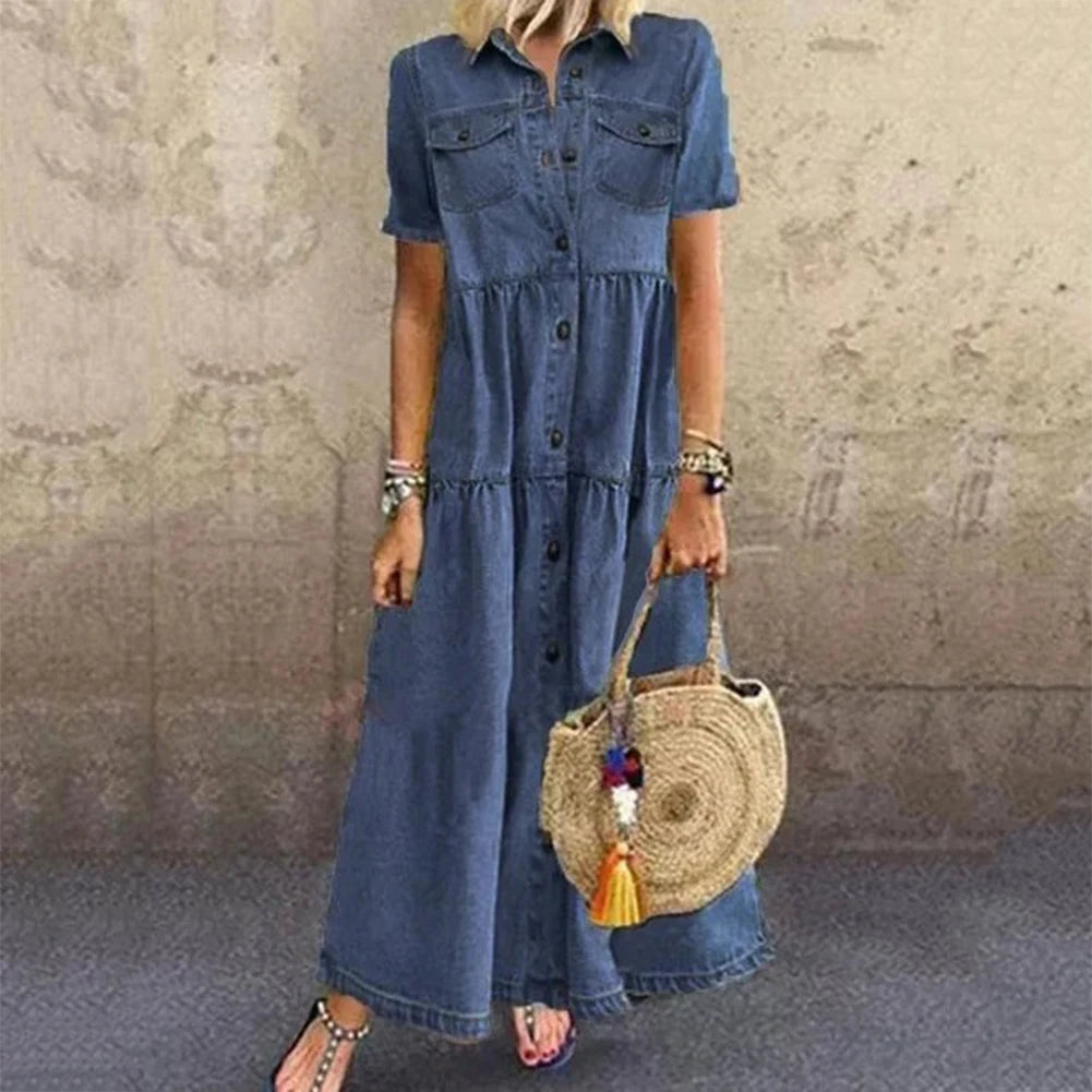Short Sleeve Button Long Loose Dress