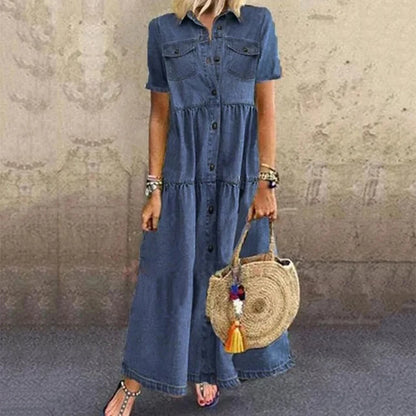 Short Sleeve Button Long Loose Dress
