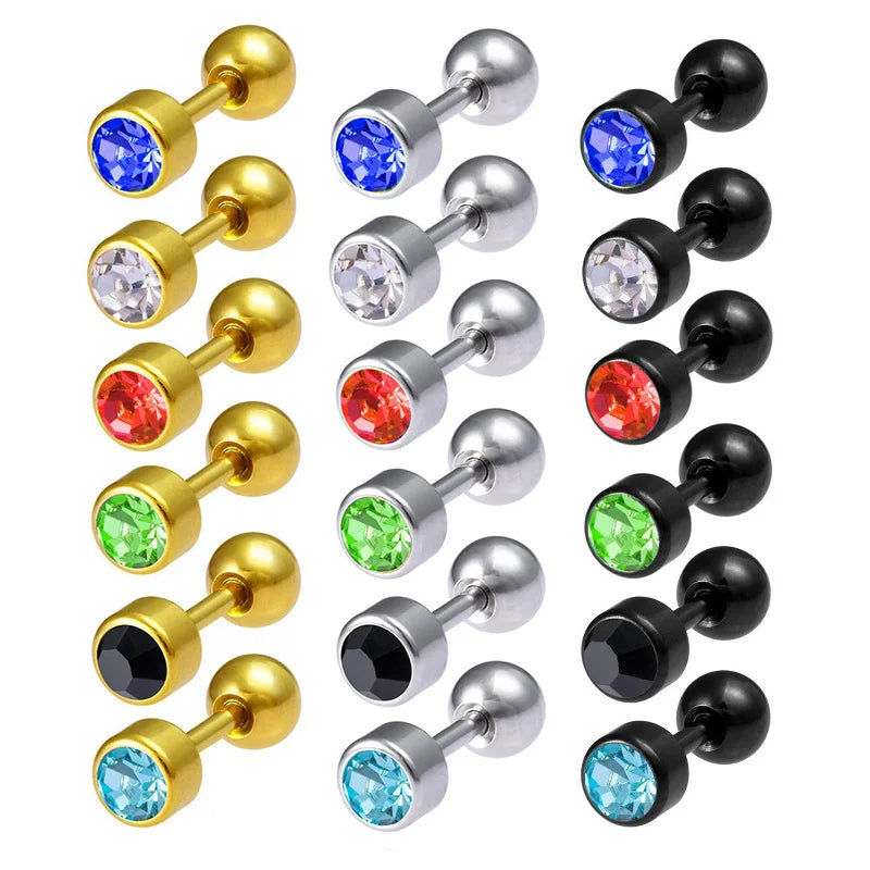 2Pcs Surgical Steel Crystal Screw Ball Stud Earrings