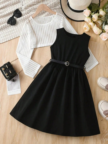 Round Neck Long Sleeved Top + Round Neck Sleeveless Dress Set