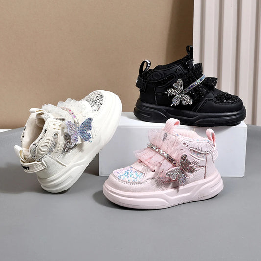 Autumn Children Leather Toddler Kids Sport  Bling Cute Butterfly Sneakers