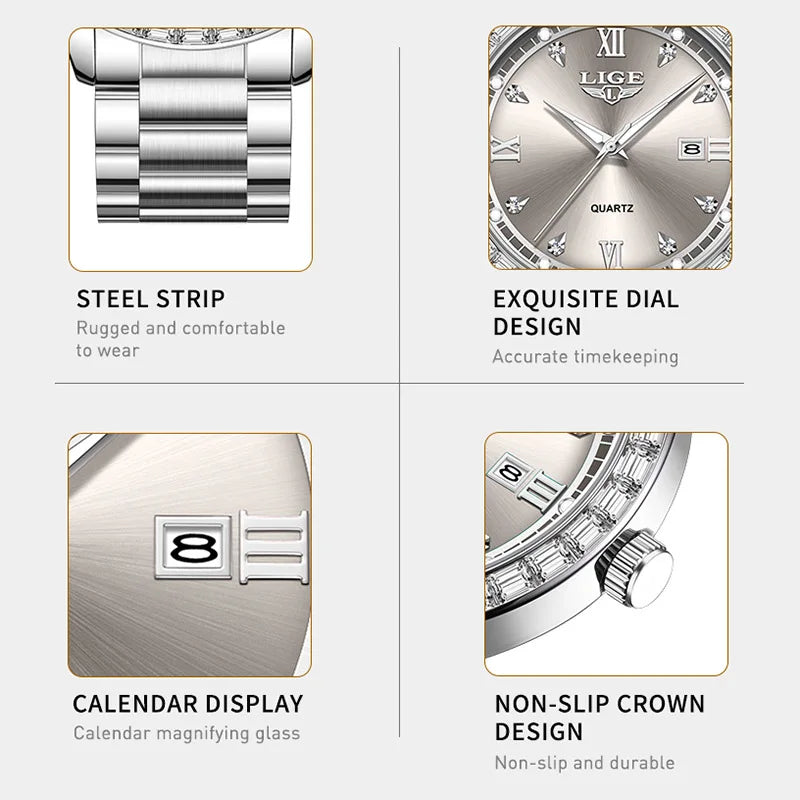 Elegant luminous stainless steel quartz watch