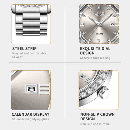 Elegant luminous stainless steel quartz watch