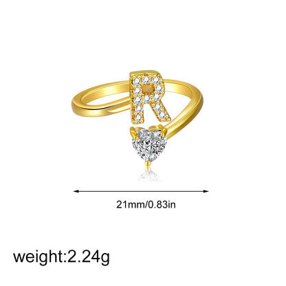 Gold Letter Open Heart Shape Cubic Zirconia  A-Z 26 Letter  Lnitials Rings