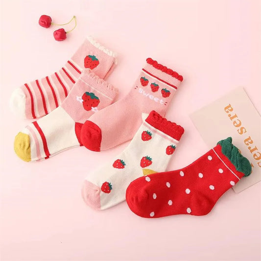 5Pairs/lot Girls Cotton Strawberry Cute Socks