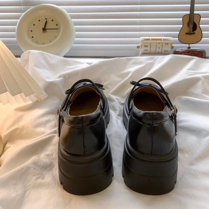 Black Leather Mary Janes Bow Thick Sole Casual Toddler Shoes