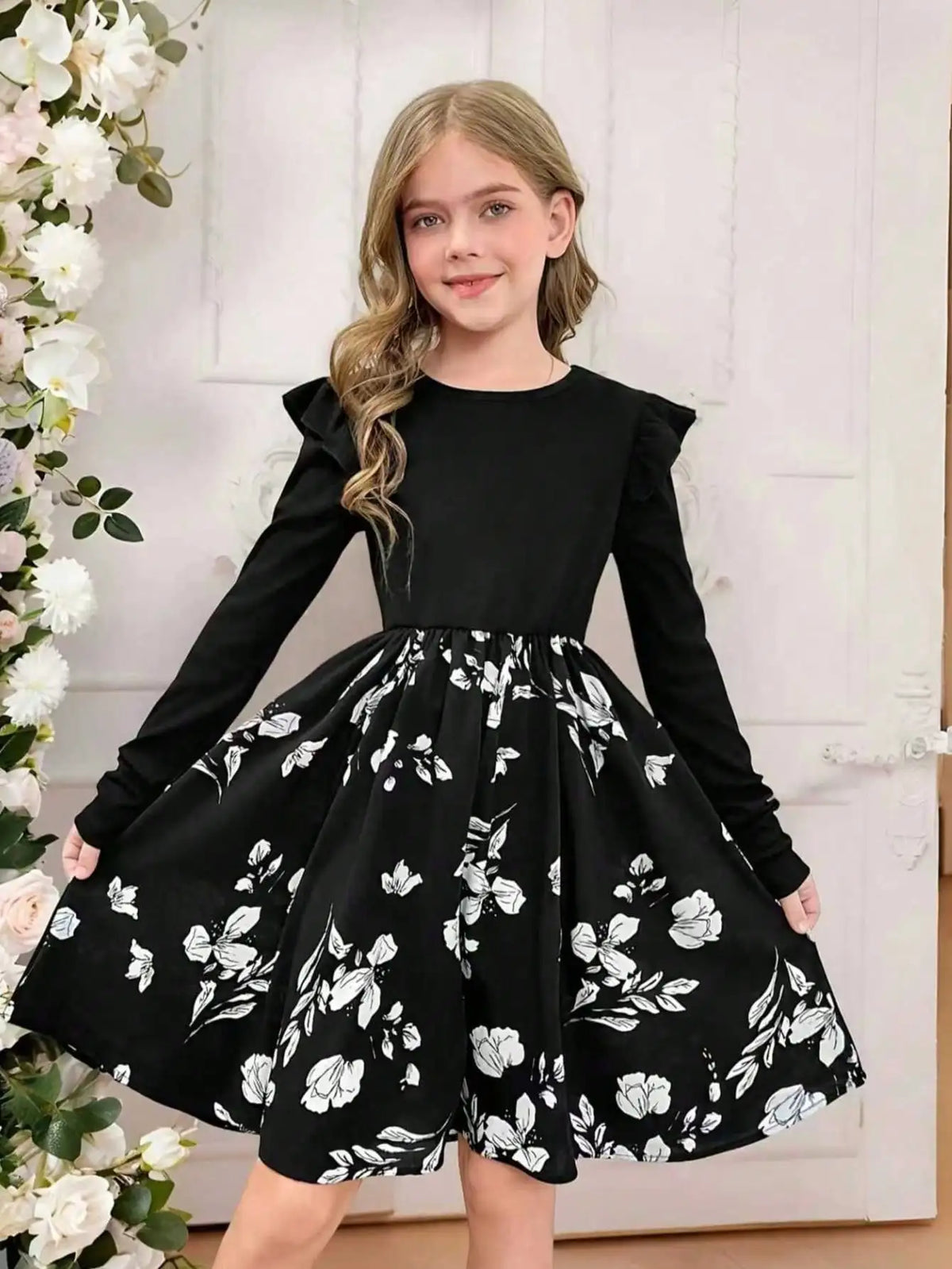 Girl's Casual Long-Sleeved Round-Neck Floral Dress