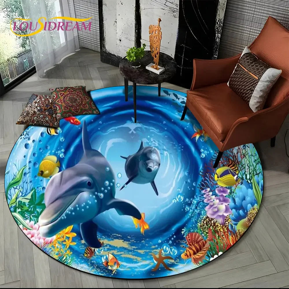 3D Seabed Illusion Underwater World Dolphin Round Area Rug