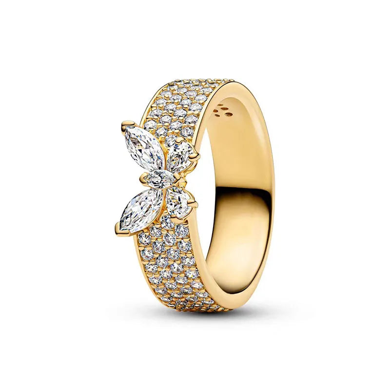 Dazzling Full Zircon 925 Pure Silver Widened Round Butterfly Ring