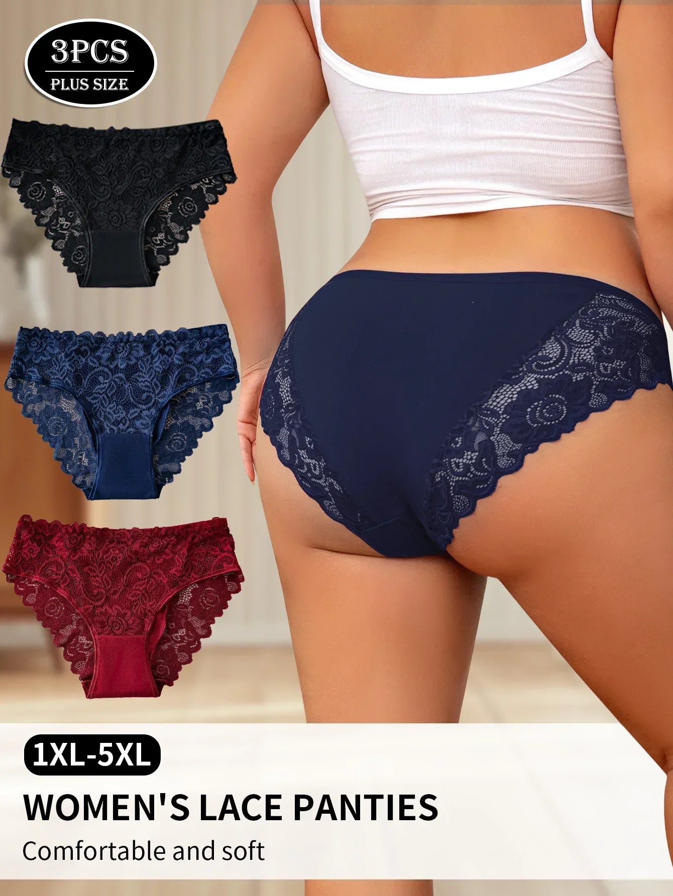 3PCS Plus-Size Hollow Floral Lace Sexy Lingerie