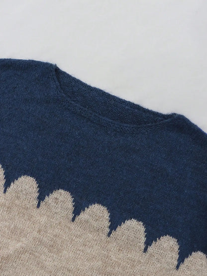 Deep Blue and Light Brown Wave Edge Design with Casual Retro Style Sweater